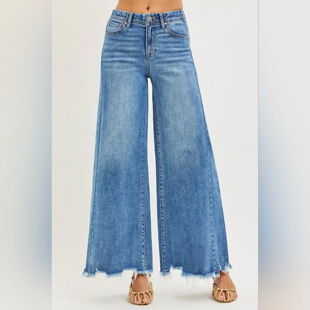 Risen High Rise Slim Fit Ultra Wide Leg Jeans Retro Frayed Raw Hem Denim Pants - Picture 9 of 15